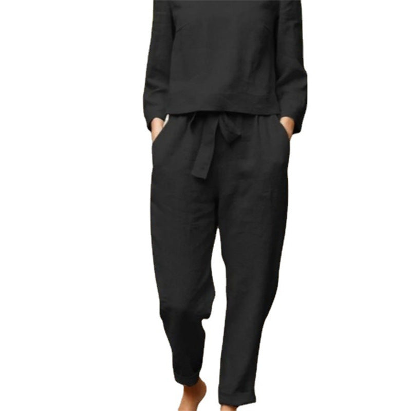 Damen Lässiges Zweiteiliges Leinen-Outfit mit breitem Bund Drune