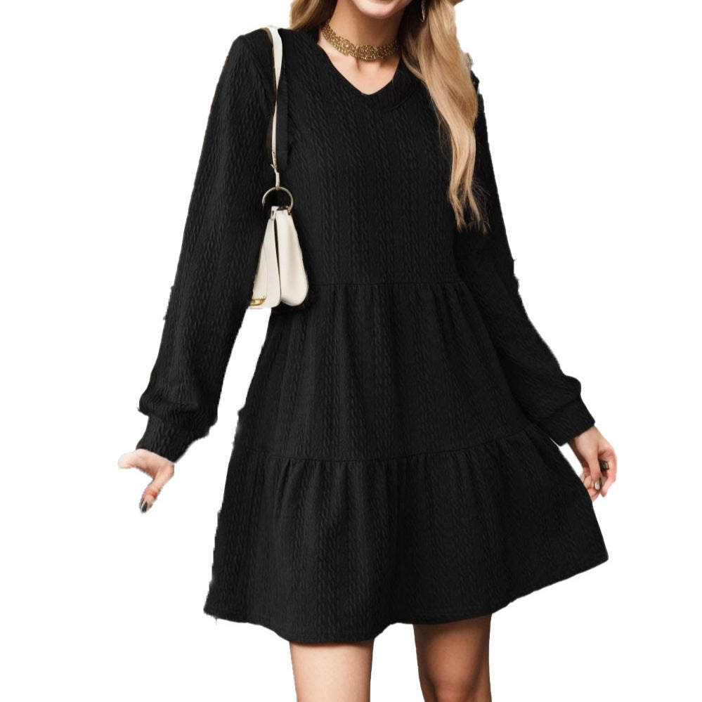 Damen lässiges V-Ausschnitt Kleid mit voluminösem Saum und langen Ärmeln Drune