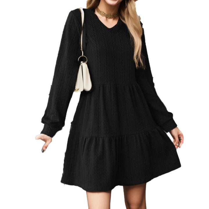 Damen lässiges V-Ausschnitt Kleid mit voluminösem Saum und langen Ärmeln Drune