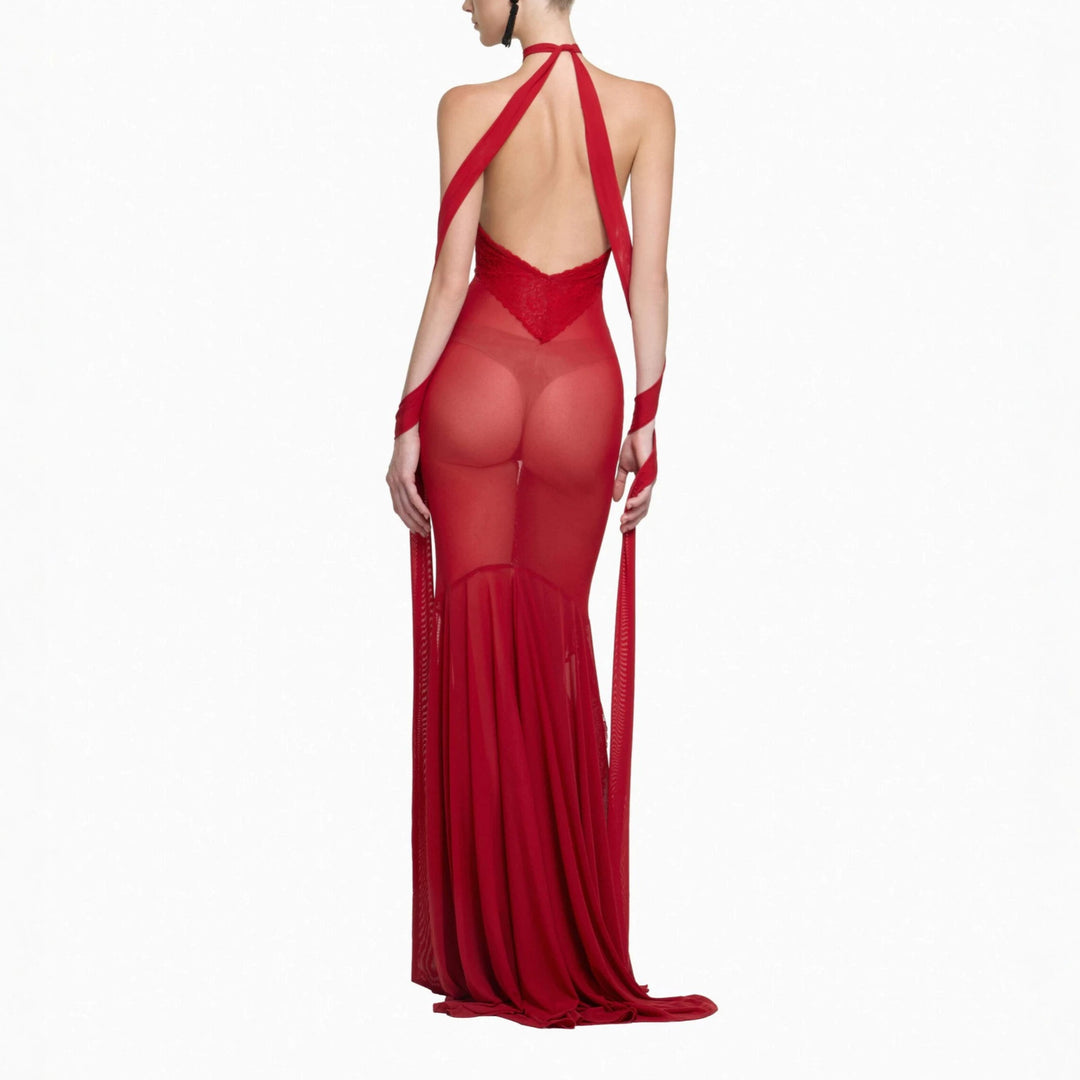 Damen Glamouröses Langarmkleid mit transparenten Einsätzen und raffinierten Drapierungen Drune