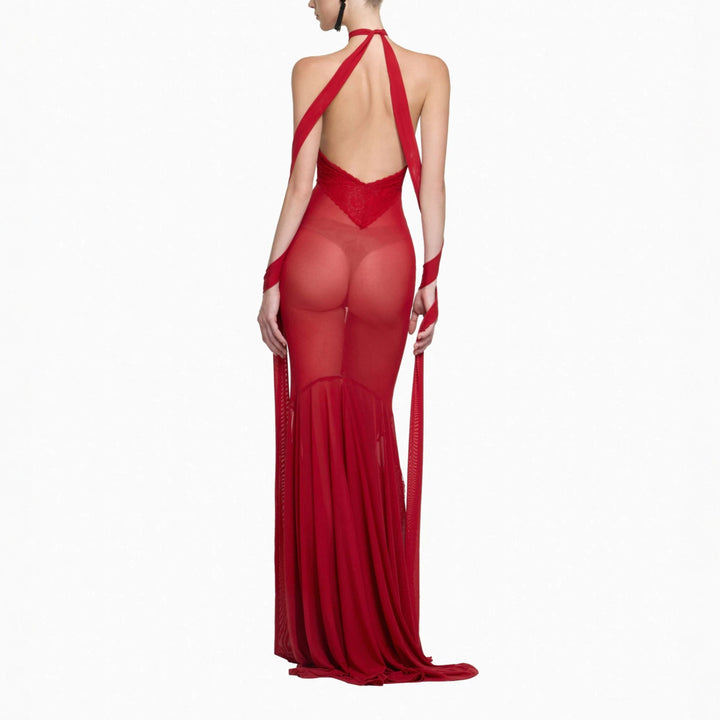 Damen Glamouröses Langarmkleid mit transparenten Einsätzen und raffinierten Drapierungen Drune