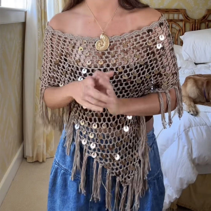 Damen dekorativer Spitzen-Poncho mit eleganten Pailletten und Fransen Drune