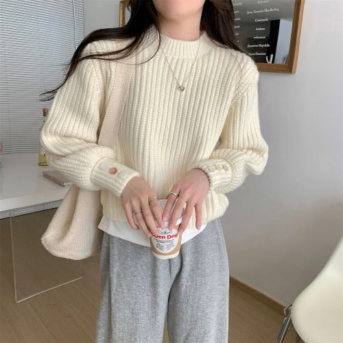 Damen Grobstrickpullover mit Rundhalsausschnitt und dekorativen Knöpfen Drune
