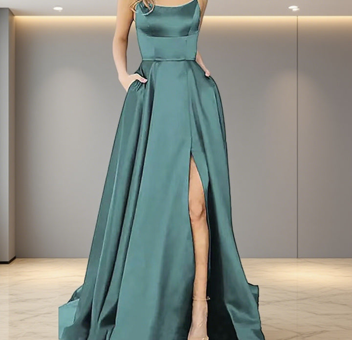 Damen Elegantes Abendkleid mit seitlichem Schlitz und schmalen Spaghetti-Trägern Drune