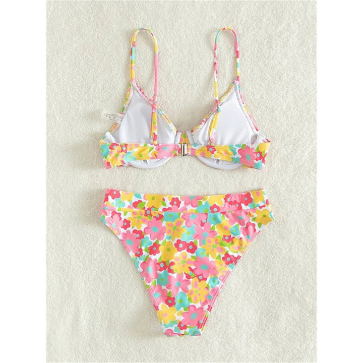 Damen Hochgeschnittener Bikini mit floralem Muster und schmalen Trägern Drune