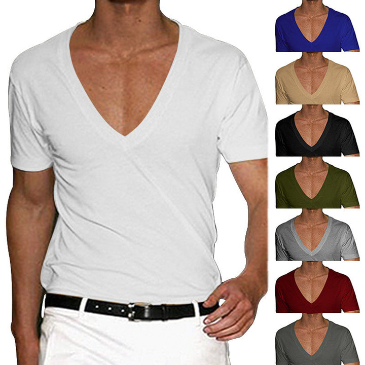 Herren nan tief ausgeschnittenes V-Ausschnitt Kurzarmshirt aus Baumwollstretch mit tailliertem Schnitt Drune