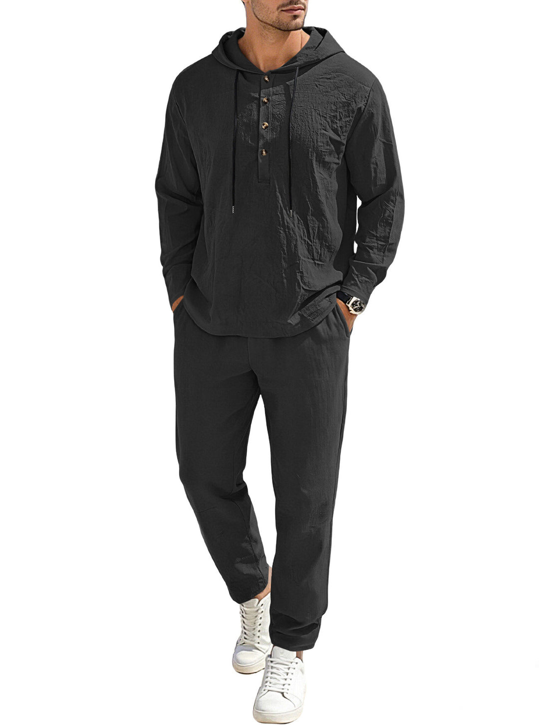 Herren nan entspannter Kapuzen-Henley Freizeitanzug aus leichter Baumwollmischung in Leinenoptik mit Kordelzug und elastischer Bundhose Drune