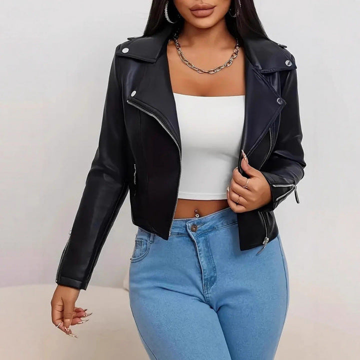 Damen Kunstleder Bikerjacke figurbetont geschnitten