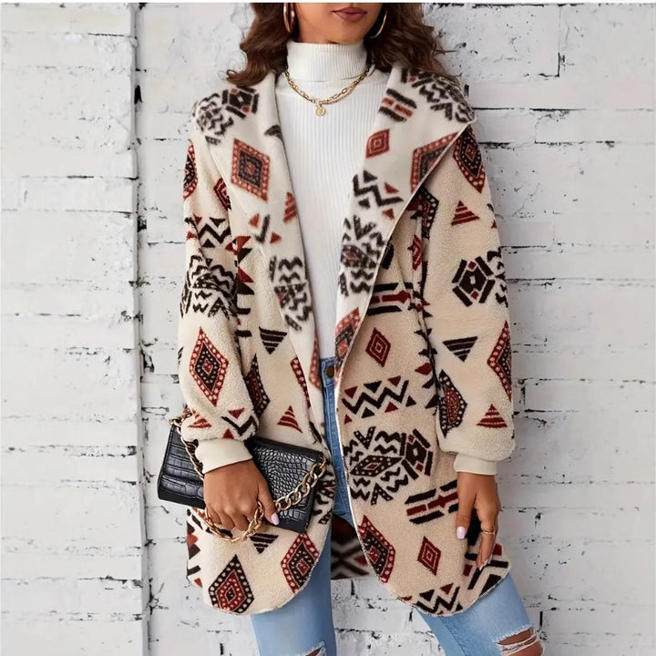 Damen Plüschjacke mit Ethno-Muster Drune