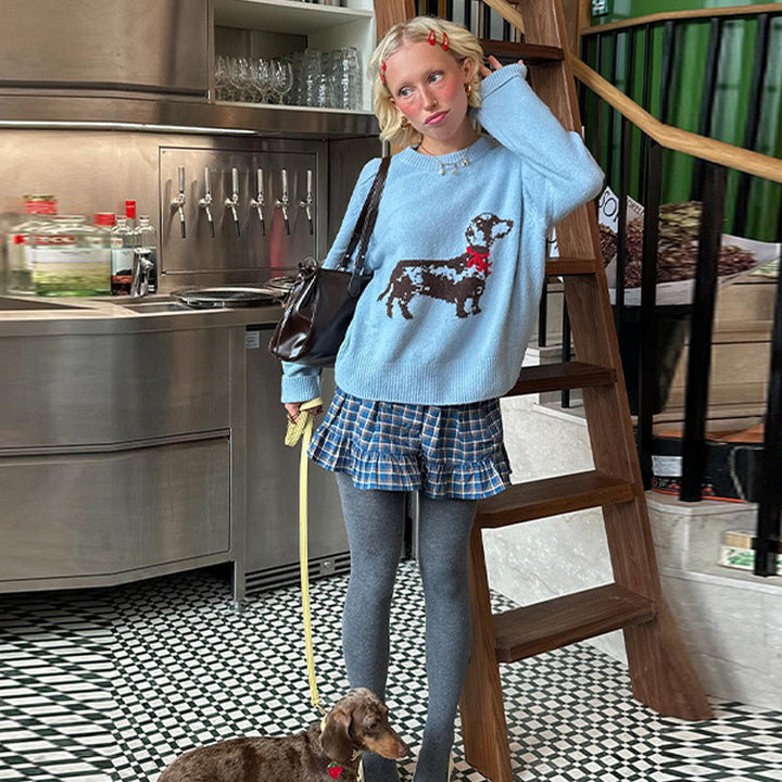 Damen Sweatshirt mit verspieltem Hundemotiv und gerippten Ärmeln Drune