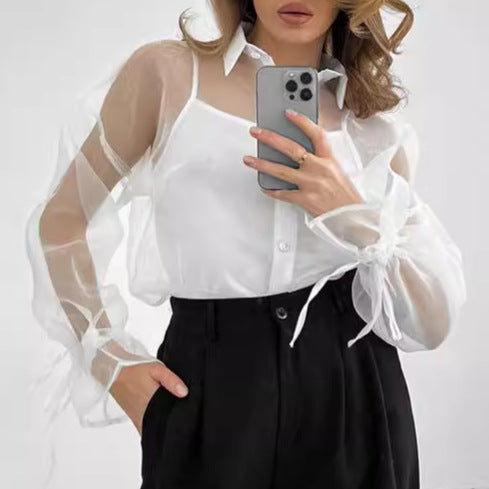 Damen transparente Bluse mit voluminösen Ärmeln und eleganten Bändchen Drune