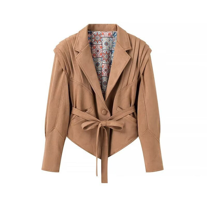 Damen Modische Wildlederjacke mit Gürtel und eleganten Schulterdetails Drune