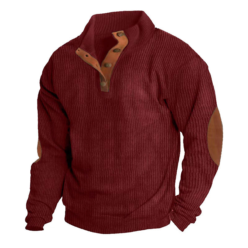 Herren nan gerippter Baumwollmix-Pullover mit Stehkragen, Knopfleiste und Lederoptik-Ellenbogenpatches Drune