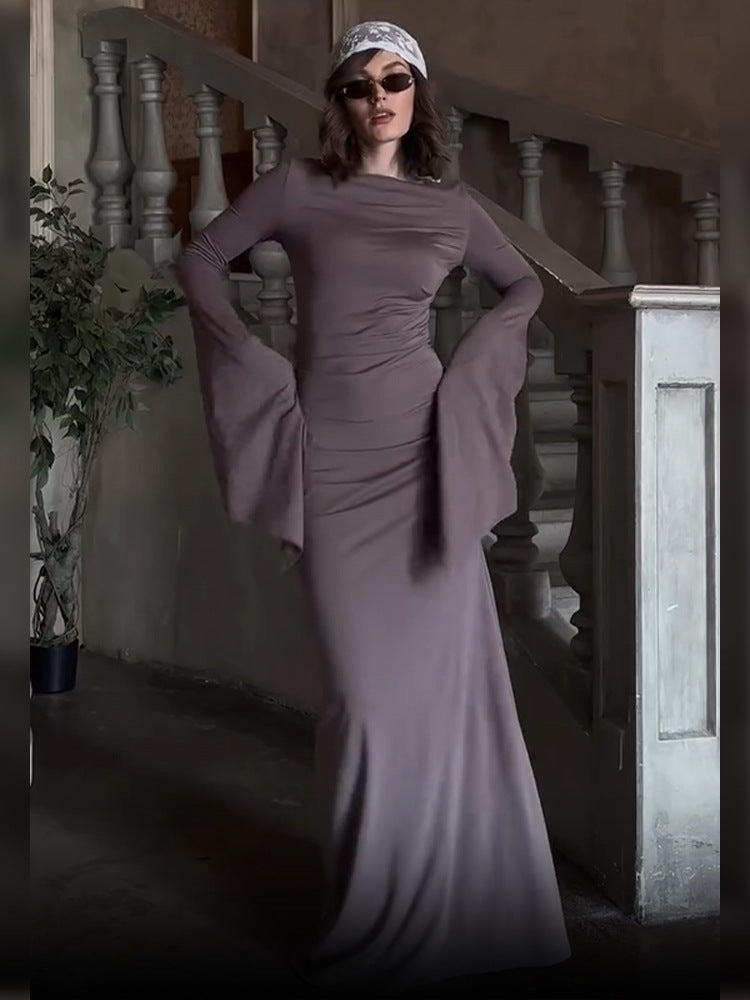Damen elegantes Maxi-Kleid mit schwingenden Ärmeln und raffinierten Drapierungen Drune