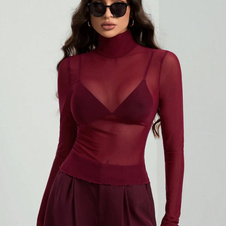 Damen Elegantes langärmliges transparentes Oberteil mit hohem Kragen Drune