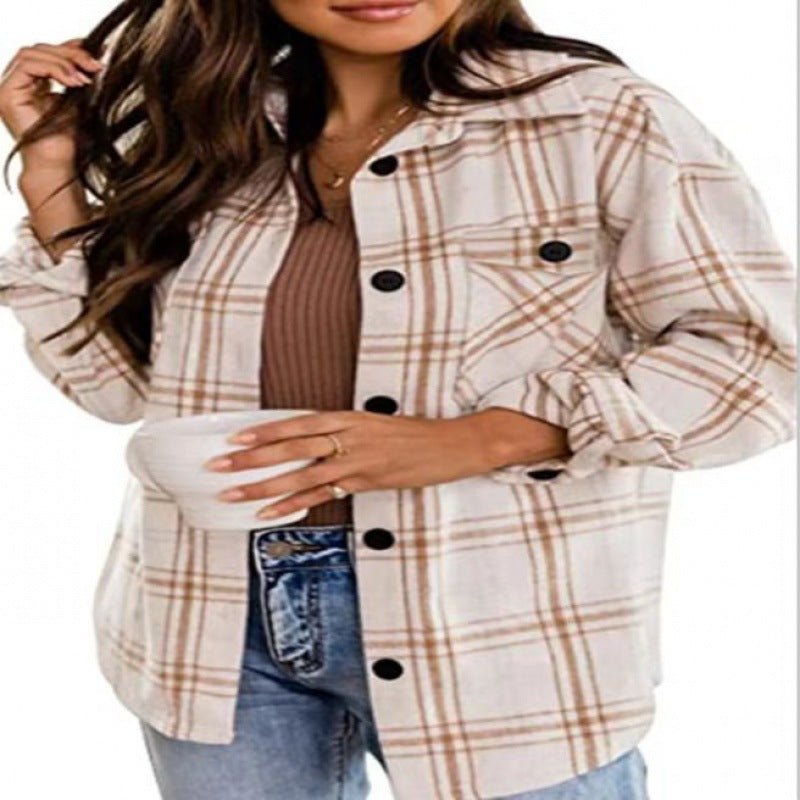Damen Flanell-Hemdjacke mit stilvollem Karomuster und praktischen Brusttaschen Drune