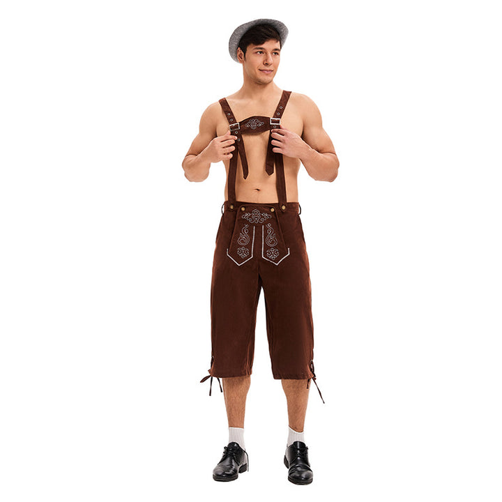 Herren nan knielange traditionelle Lederhose mit besticktem Brustlatz und verstellbaren Trägern Drune