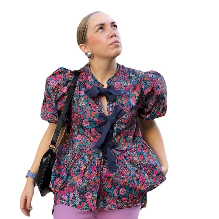 Damen Bluse mit voluminösen Ärmeln und floralen Mustern Drune