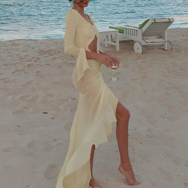 Damen Maxikleid mit raffinierten Rüschen und innovativem Cut-Out-Design Drune