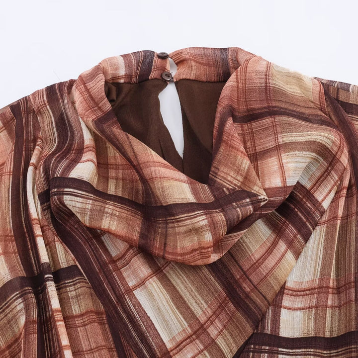 Damen Langarm Kleid im karierten Design mit asymmetrischem Saum und Bindegürtel Drune