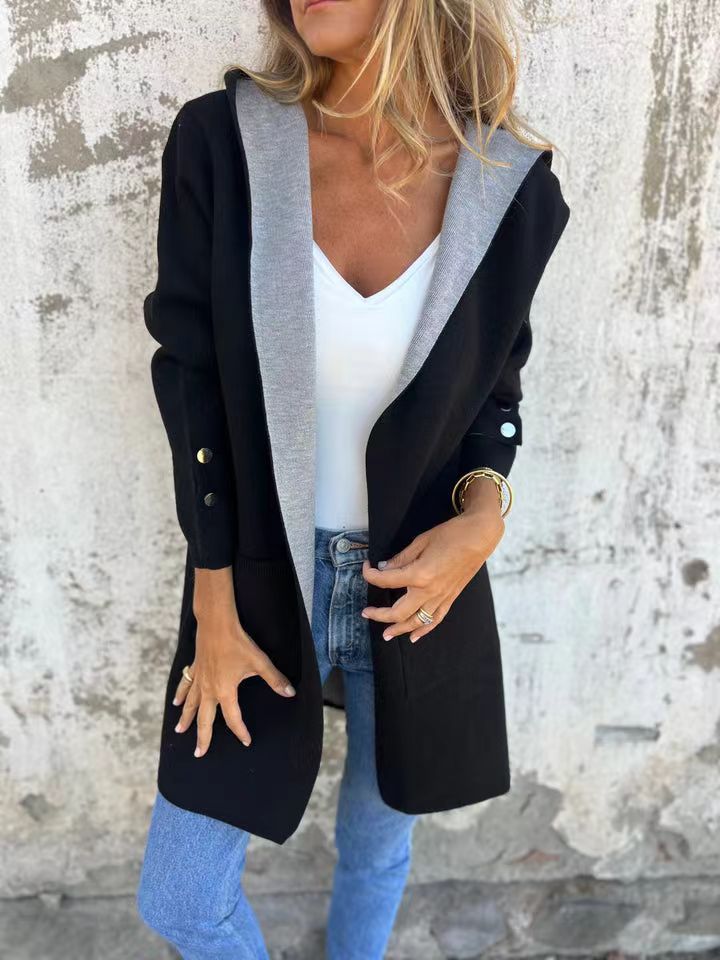 Damen modische Longjacke mit großzügiger Kapuze und praktischen Taschen Drune