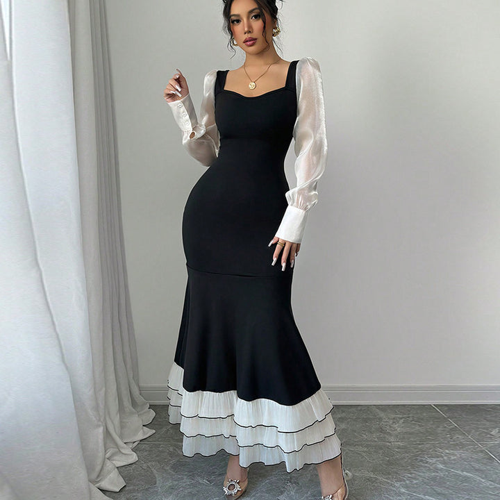 Damen elegantes Maxikleid mit transparenten Puffärmeln und Rüschensaum Drune