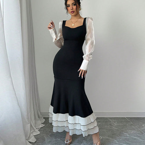 Damen elegantes Maxikleid mit transparenten Puffärmeln und Rüschensaum Drune