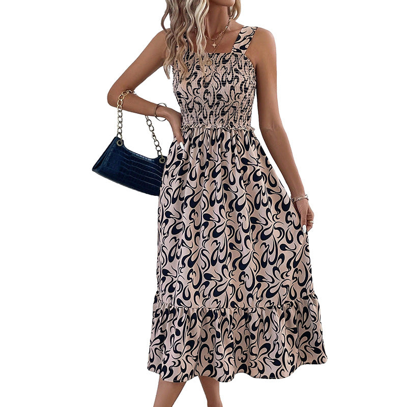 Damen ärmelloses Maxikleid mit Rüschen und kreativem Muster Drune