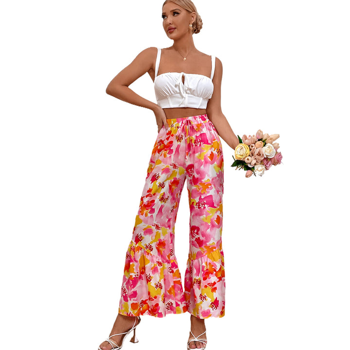 Damen weit geschnittene Palazzo-Hose mit buntem Blumendesign und Rüschendetails Drune