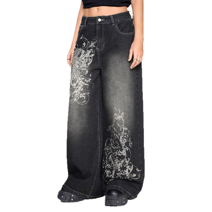 Damen Weite Denim-Hose mit auffälligem grafischem Druck Drune