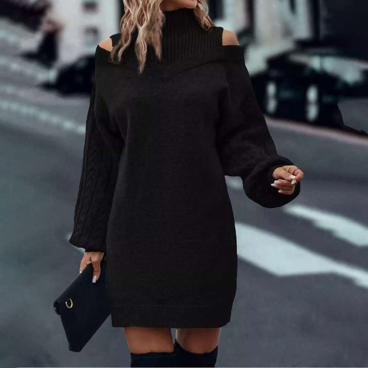 Damen Strickkleid mit lässigem V-Ausschnitt und voluminösen Ärmeln Drune