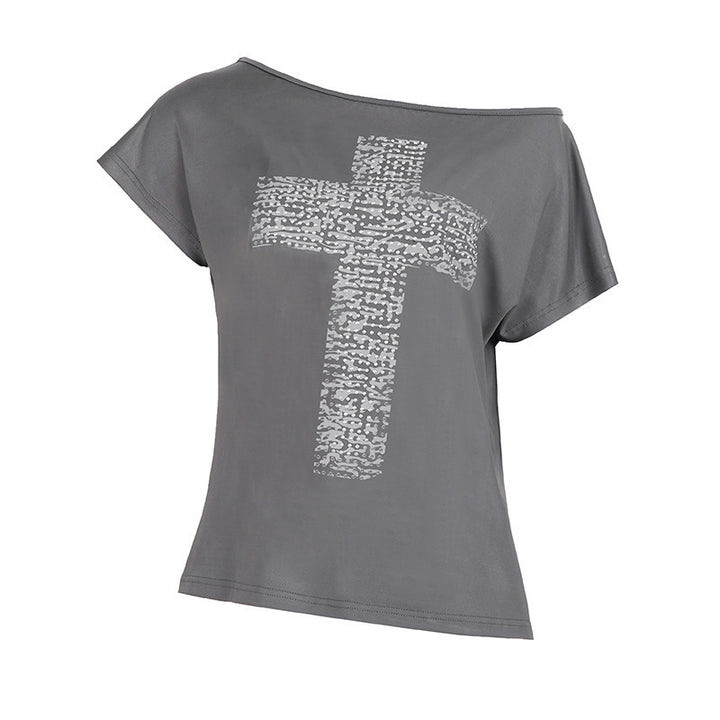 Damen Off-Shoulder Shirt mit Kreuzmotiv Drune