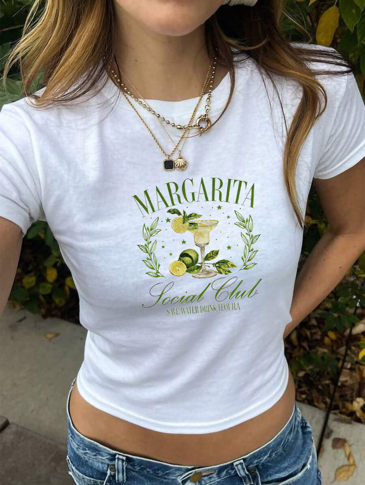 Damen Crop-T-Shirt mit kreativem Cocktail-Design Drune