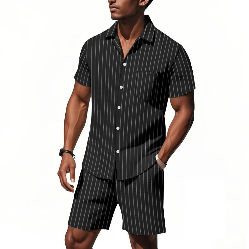 Herren Kurzarm-Pyjama-Set mit dezentem Streifenmuster und praktischer Brusttasche Drune