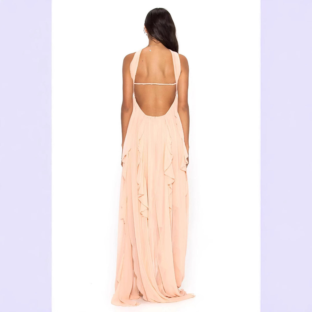 Damen Elegantes Maxi-Kleid mit asymmetrischem Saum und zarten Rüschendetails Drune