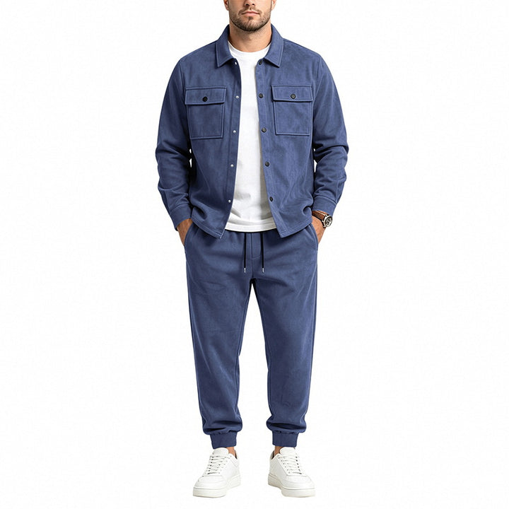 Herren nan Velours-Lounge-Set mit Overshirt, aufgesetzten Brusttaschen und tapered Jogginghose Drune