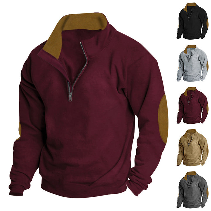 Herren nan Kurzzip-Stehkragenpullover mit Kontrastkragen und Wildleder-Ellenbogenpatches Drune