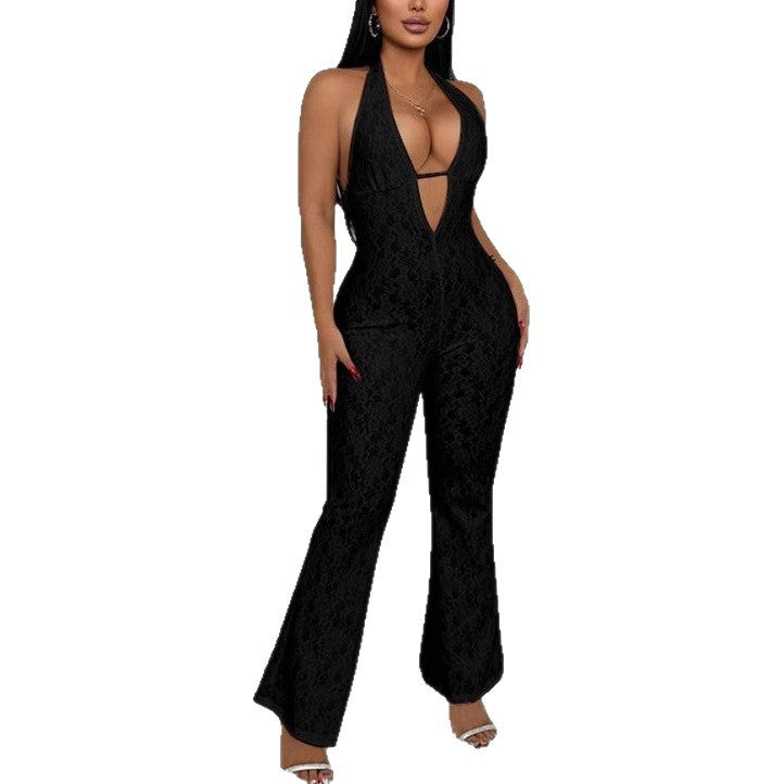 Damen eleganter Jumpsuit mit tiefem V-Ausschnitt und Spitzendetails Drune