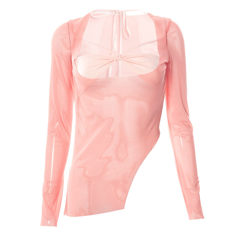 Damen Langarmoberteil mit tiefem V-Ausschnitt und transparentem Stoff Drune