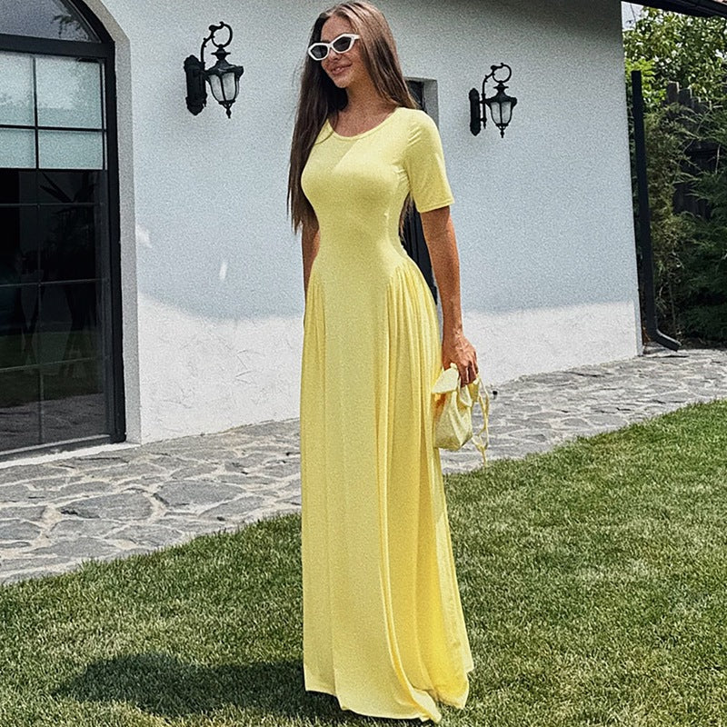 Damen Fließendes Maxikleid mit praktischen Seitentaschen und Rundhalsausschnitt Drune