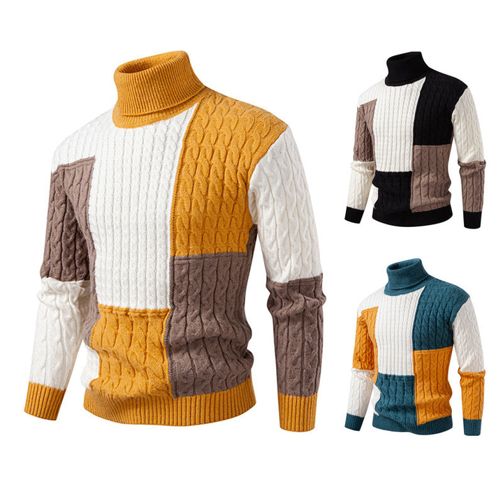 Herren hochabschließend gestrickter Pullover mit modernem Zopfmuster und attraktiven Farbblöcken Drune