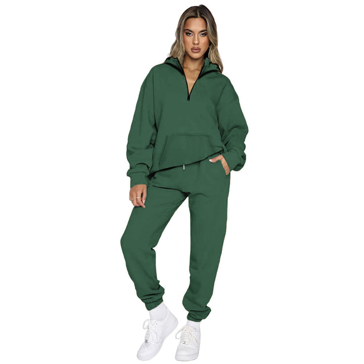 Damen gemütlicher Two-Piece Sweatsuit mit halbem Reißverschluss und praktischen Taschen Drune