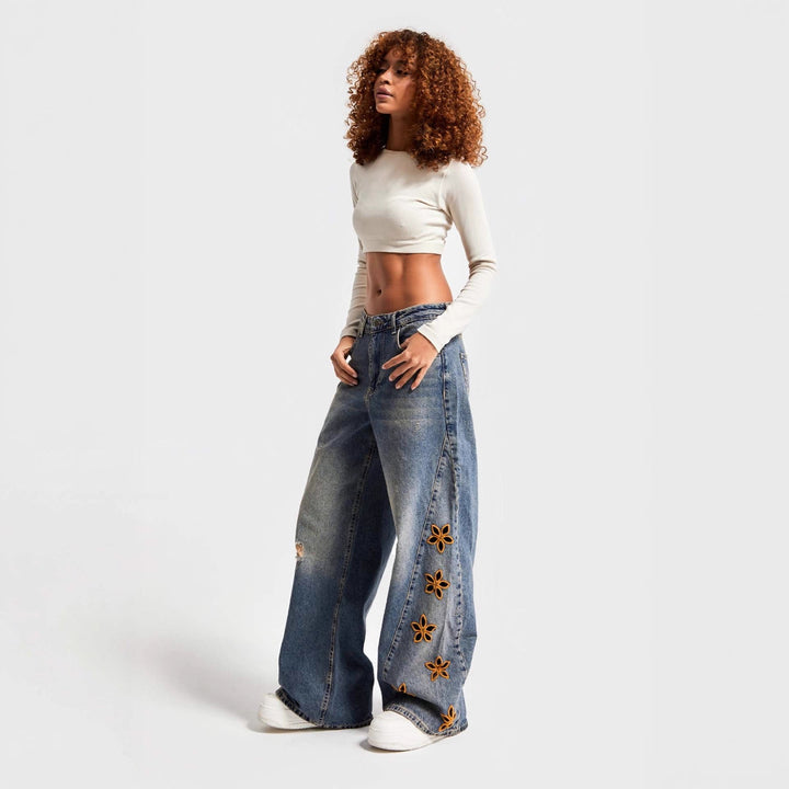 Damen weite Jeans mit floralem Stickdesign Drune