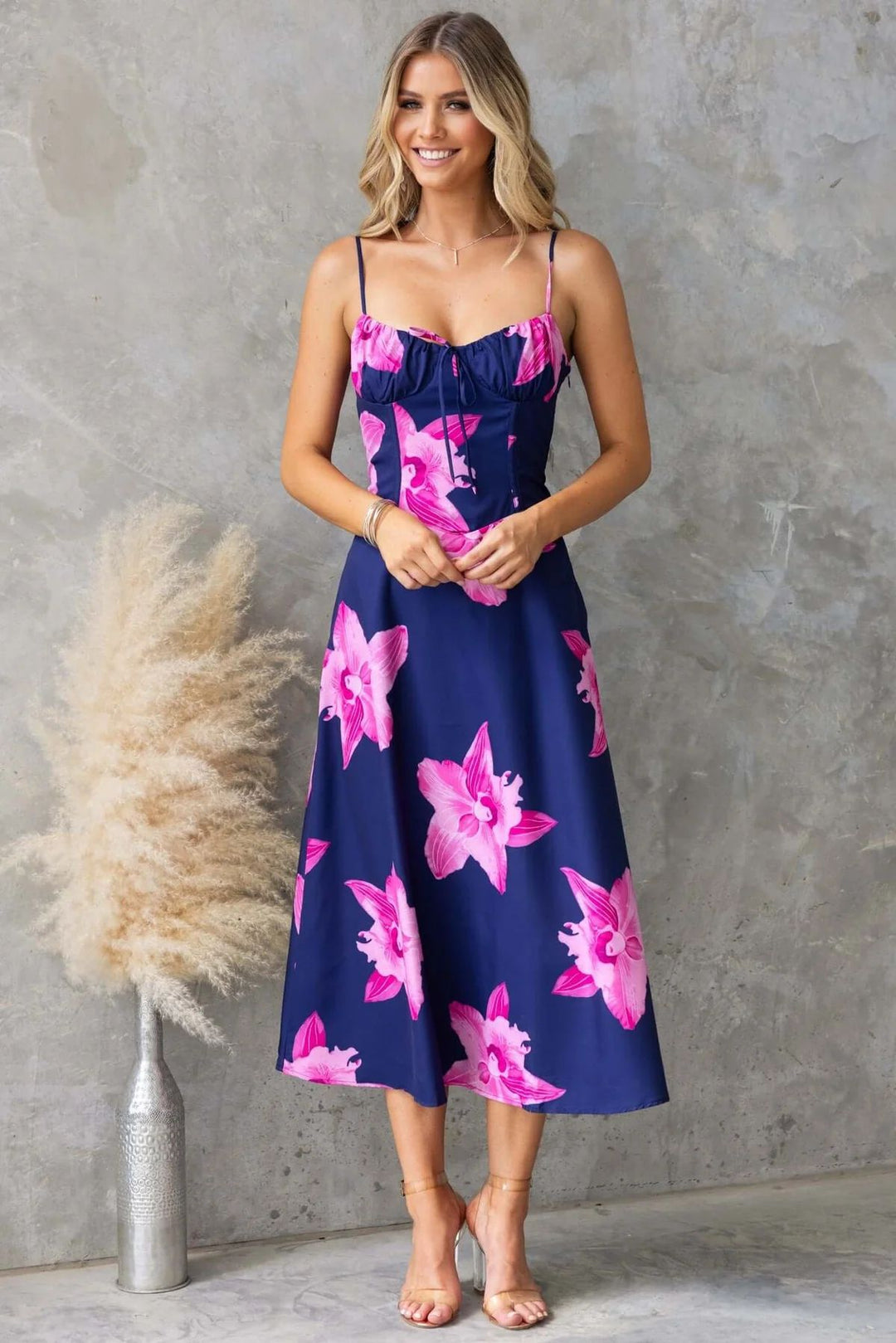 Damen Maxikleid mit floralem Muster und raffiniertem Rüschendetail Drune