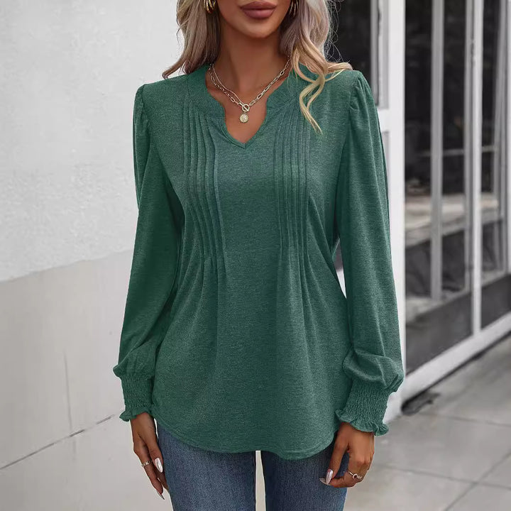 Damen nan Langarmshirt mit V-Ausschnitt, dekorativen Kellerfalten vorn und elastischen Smokbündchen Drune
