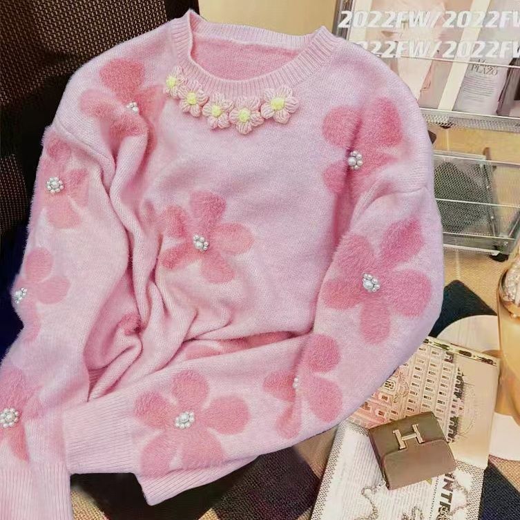Damen Strickpullover mit floralem Design und Perlenverzierungen Drune