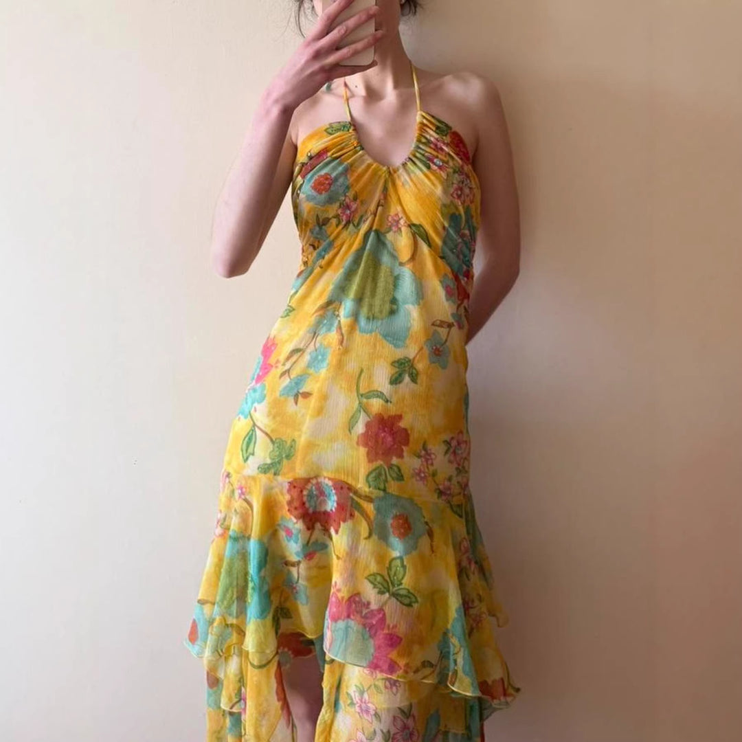Damen Maxikleid mit floralem Lagenlook und Spaghettiträgern Drune