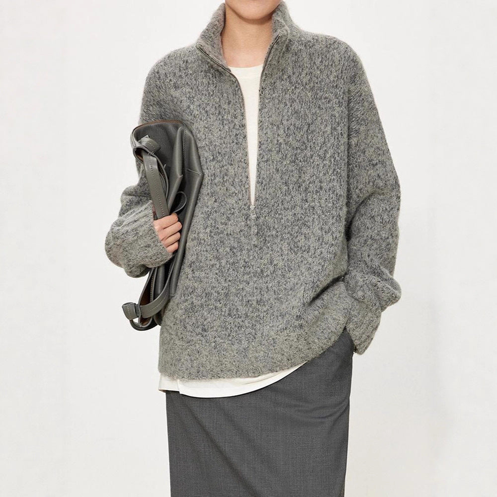 Damen Grobstrickpullover mit hohem Kragen und halber Reißverschluss Drune