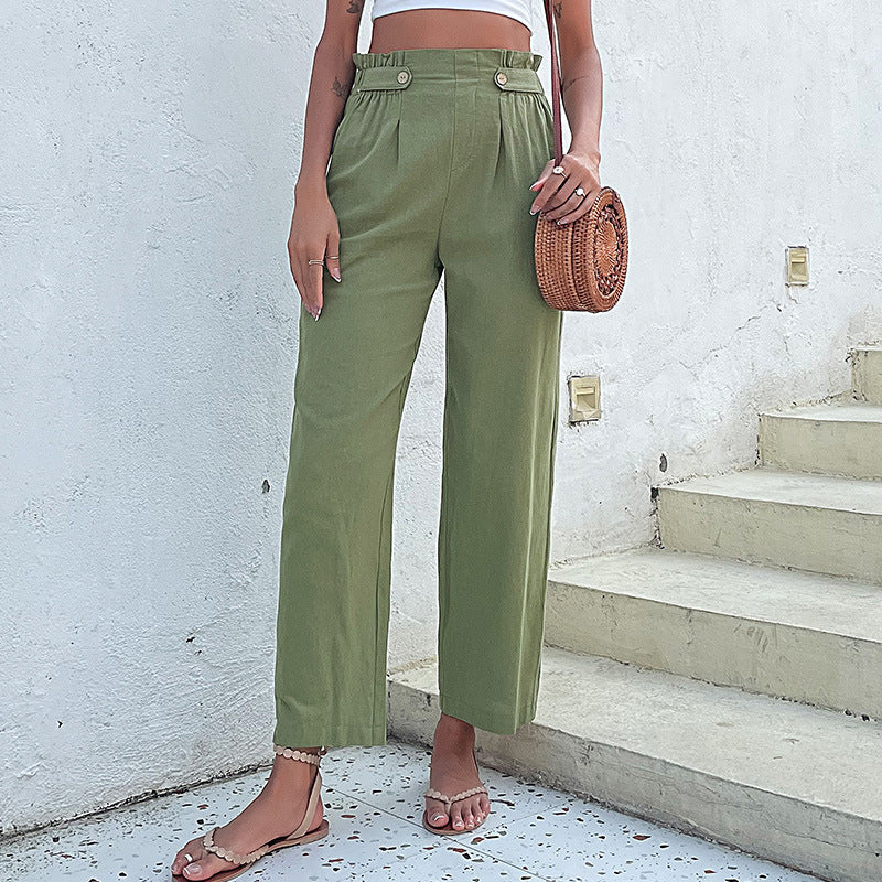Damen weite Leinenhose mit hoher Taille und dekorativen Knopfdetails Drune