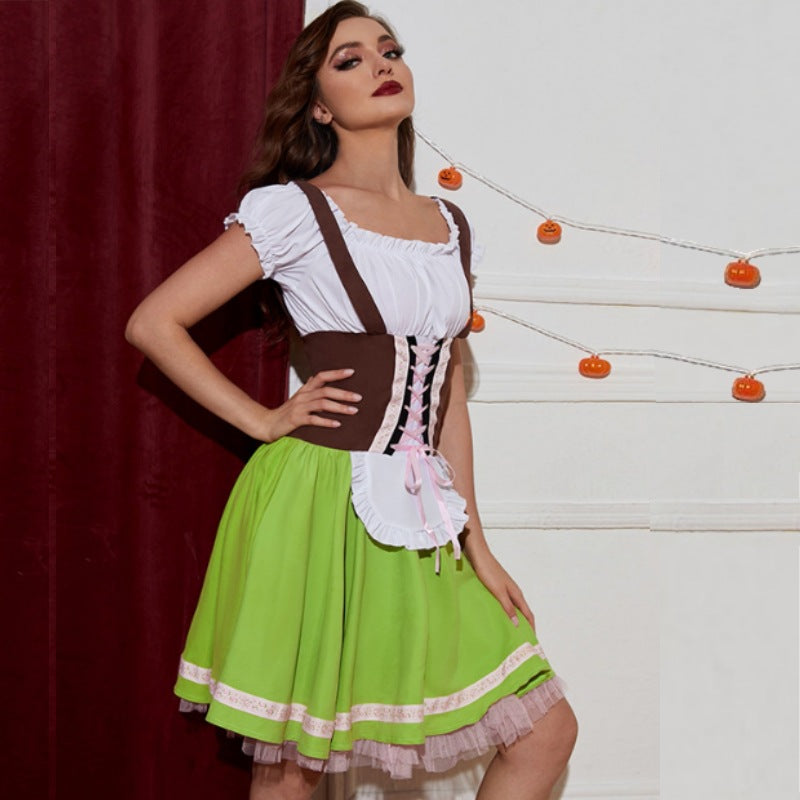 Damen nan Trachten-Festkleid mit figurbetonter Korsett-Schnürung, geraffter Carmenbluse und mehrlagigem Tellerrock Drune